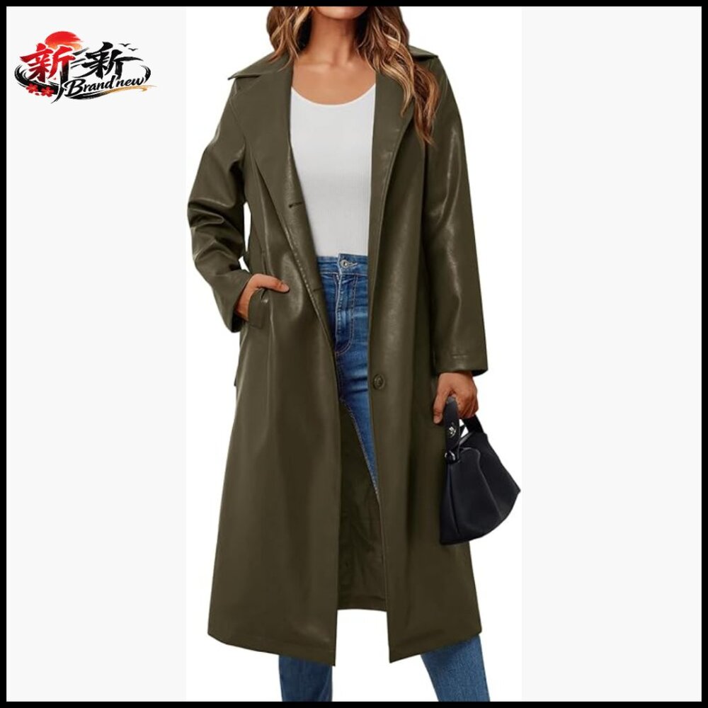 Long Faux Leather Trench Coat With Belt, Open Front, Knee Length